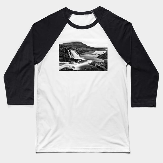 Foggy Kirkjufellsfoss - Black & White Baseball T-Shirt by somadjinn